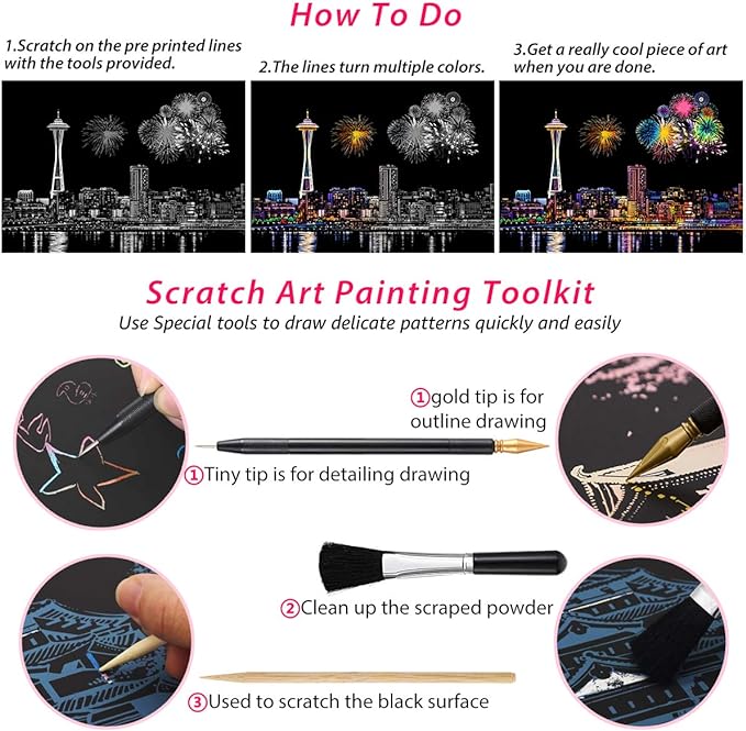 Rainbow Scratch Art Painting Paper (A4) for Adults & Teens, Night View Scratchboard Set:4 Sheet Scratch Cards, Clean Brush, Drawing Pen(Times Square/Golden Gate Bridge/Seattle/Statue of Liberty)