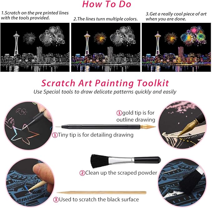 Scratch Art for Teens & Adults, Rainbow Engraving Painting Landscape Scratchboard(A4) Crafts Set: 8 Sheets with 4 tools - New York, Statue of Liberty, Golden Gate Bridge, Manarola (America / Europe)