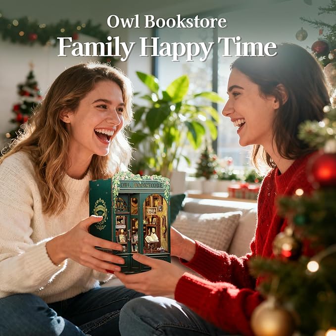 Fsolis Book Nook Kit, DIY Scene Miniature House Kit Tiny House Mini Booknook Craft Bookshelf Decor, 3D Puzzles for Adults, 139 Wooden Pieces, Scale Library Model, Gifts for Book Lovers（OWL Bookstore）