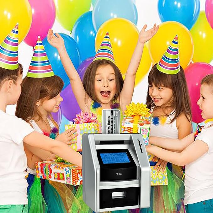 Touchscreen ATM Piggy Bank for Kids, Electronic Money Bank with Coin Counter, Card & Password, Backlit Display – Compact Savings Toy Gift for Boys & Girls Ages 6–12 (Black/Silver)