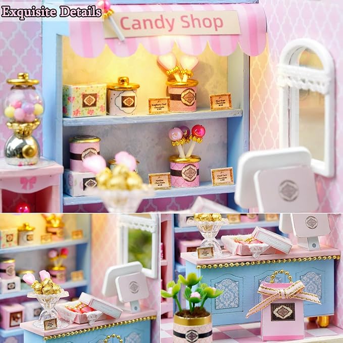 TuKIIE DIY Miniature Dollhouse Kit with Furniture, 1:24 Scale Creative Room Mini Wooden Doll House Plus Dust Proof for Kids Teens Adults(Yummy Candy)