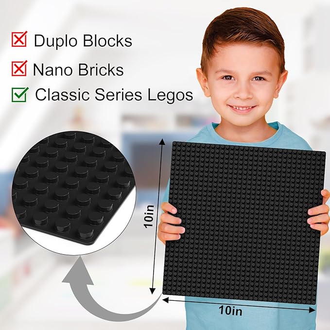 Classic Baseplates, Peel and Stick Base Plates for Building Bricks, Compatible with Major Brands, Self-Adhersive Base for Bricks 10" x 10", 6 Pack Black…