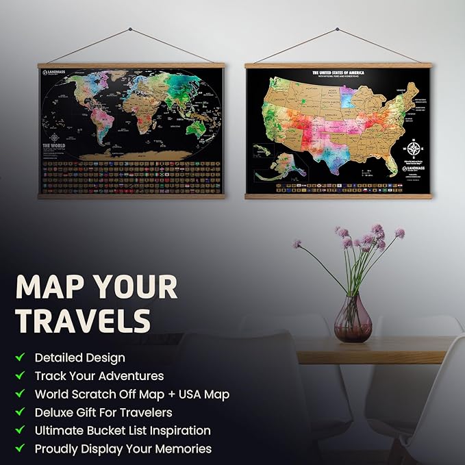 Landmass Scratch Off World Map Poster, Bonus USA Map Included, Track Your Travels with Flags, Detailed World and USA Map, Wall Art for Home or Office, Gift for Travelers and Adventurers, 24x17 Inches