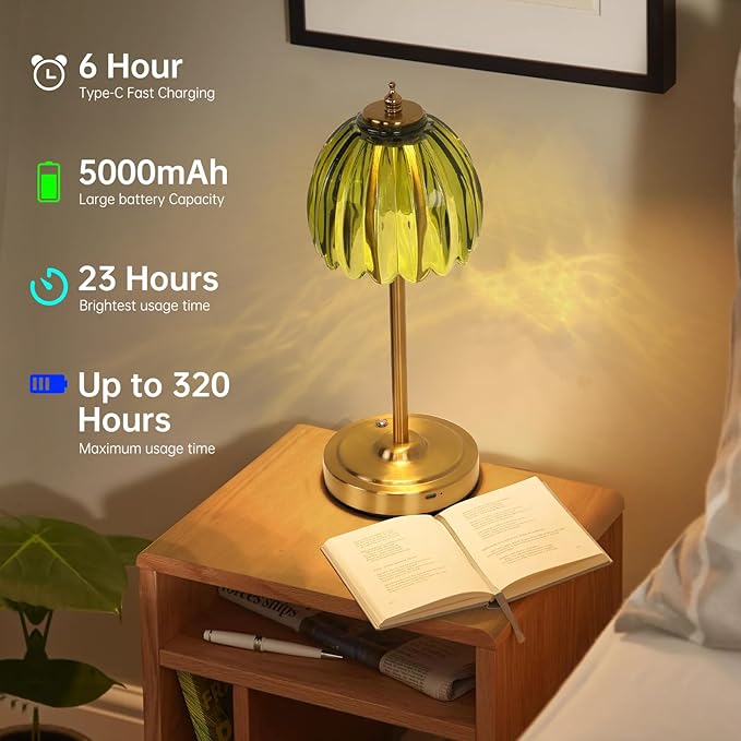 Cordless Small Table Lamp with 5000mAh Battery & Touch Control - 3 Adjustable Color Temperatures, Dimmable Rechargeable Table Lamps for Living Room, Bedroom, Desk, Nightstand (Green Tulip)