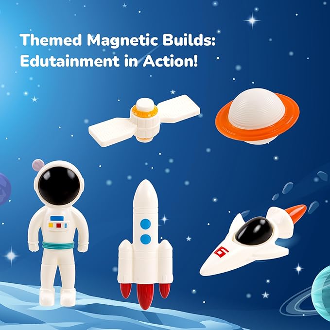 Space Exploration Magnetic Tiles (39PCS),STEM Building Set with Rocket & Astronaut,Preschool Learning Building Set for Ages 3-8, for Boys Girls (Satellite, Spaceship)