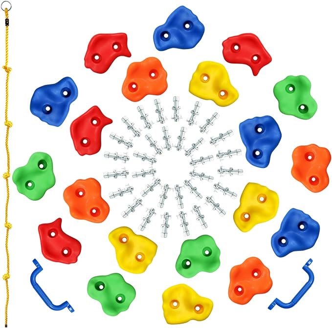 Rainbow Craft DIY Monkey Rock Climbing Holds for Kids - Wall Climbing Rocks of 20pc Rock Wall Holds, 2pc Handles & 1pc 8ft Knotted Climbing Rope - Kids Rock Climbing Holds Rock Wall Climbing Kit