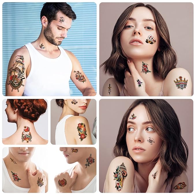 Yazhiji 77sheets Waterproof Temporary Tattoos，Old School Tattoo，Sailor Jerry Style Vintage Classical Fake Tattoo, American Traditional Flower Rose Arm Stickers for Women Men Adults Kids