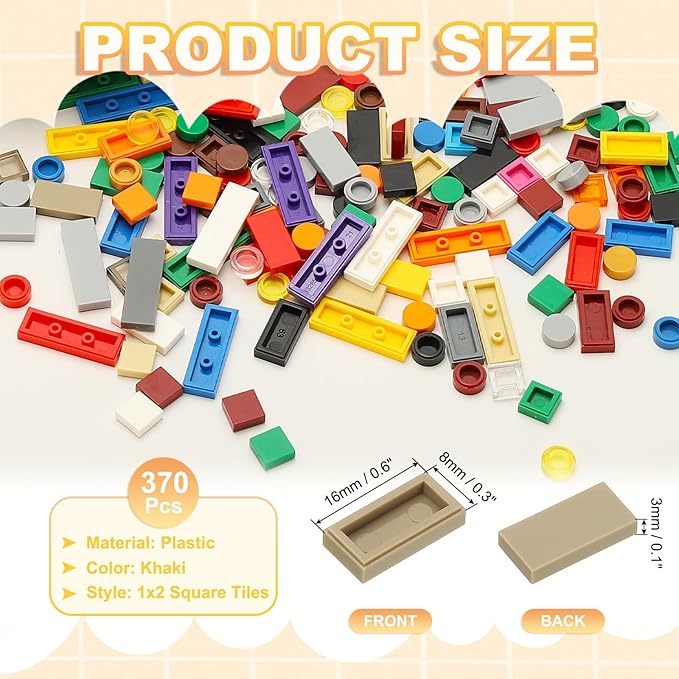PATIKIL 370 Pcs Flat Blocks Bulk, 1x2 Square Khaki Classic Tiles Smooth Surface Mini Building Blocks Accessories Compatible Bricks Kits for Building Floor Walls Mosaic Pixel Arts