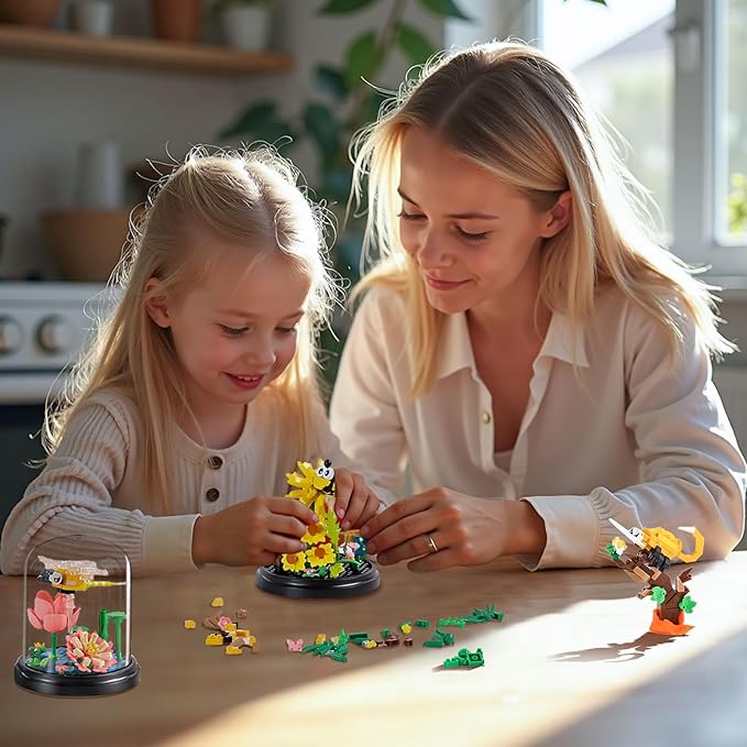 Insect Flowers Collection Micro Building Toy Set with Dust Cover, Flower Plants Bug Botanical Set for Nature Decor, Bug Building Office Home Decorative, Plant Decor Birthday Gift for Adults Kids