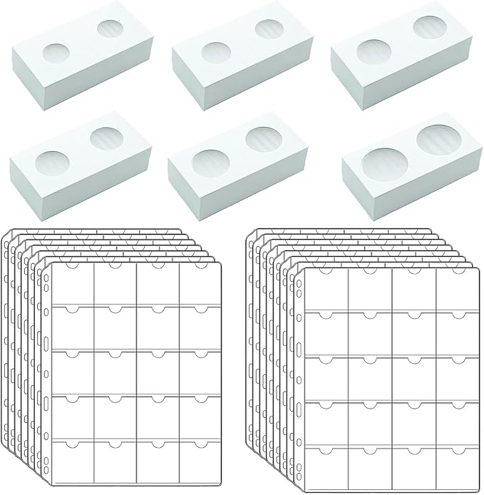 300 PCS Cardboard Coin Flips with 15 Sheets Coin Pocket Pages, 6 Assorted Sizes 2" x 2" Cardboard Coin Holders Coin Flips Coin Collection Supplies for Dime, Penny, Quarter, Nickels, Dollars Collecting