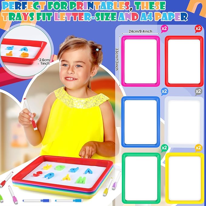 Magnetic Dry Erase Activity Trays Set 9.44 x 13 Inches Classroom Stackable Magnetic Trays with 8 Colorful Dry Erase Markers Letter White Board for Kid Teacher Supplies (6 Pcs,Bright Colors)