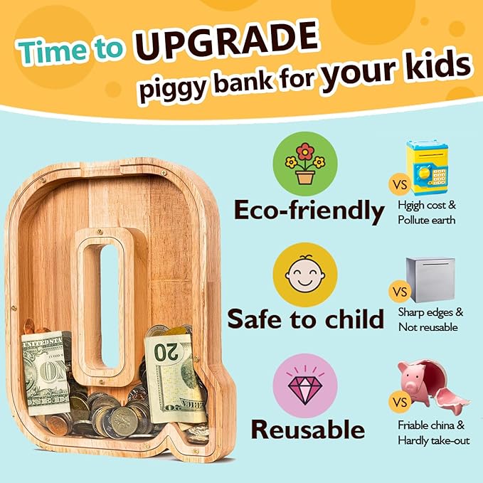 SummiDate Wooden Letter Piggy Bank| Piggy Bank for Boys Girls Toddler| Alphabet Q Money Bank| Coin Bank Birthday Gift for Kids|Birthday Gift for Kids (Q)