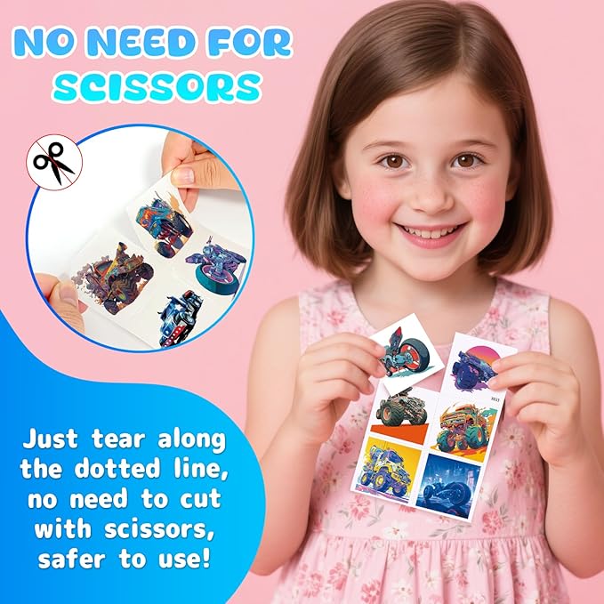 Aresvns Cool Monster Trucks Temporary Tattoo for Kids, 117 Pattern Cute Cars Cartoon Fake Tattoos for Girls Boys Goodie Bags Stuffers Birthday Party Decoration Supplies Summer Swimming Pool BBQ