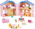 Giant bean Exquisite Pink Wooden Dollhouse for Girls with 2 Dolls and 12pcs Wooden Furniture,Foldable and Portable Pretend Play House Set with Handle, Christmas Birthday Gift for Girls Kids Age 3+