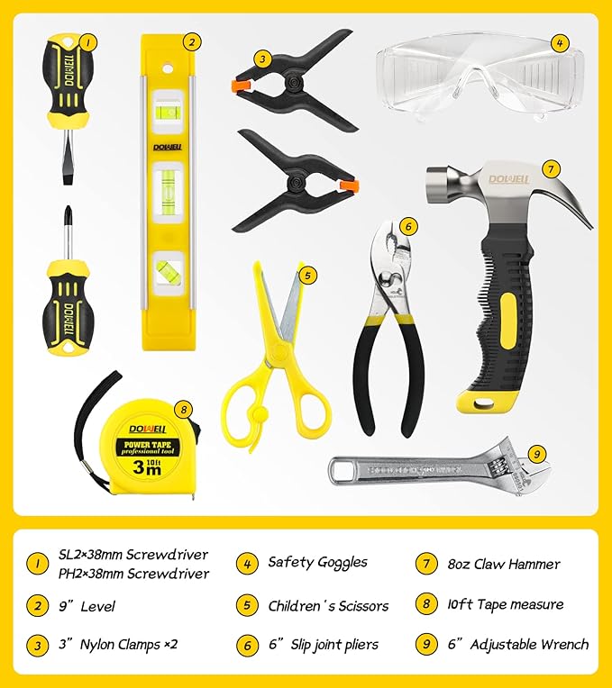 DOWELL Kids Tool Set with Tool Bag including Real Metal Hand Tools for Boys& Girls, Children&Junior Learning Tool Kit for Home DIY, Age 8+