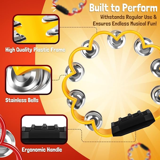 Flexzion Flower Tambourine - 8 Inch Handheld Percussion Instrument w/Metal Jingles & Ergonomic Grip - Small Tambourines for Adults, Kids, Church, Parties, & Musical Events (2 Pack - Red & Yellow)
