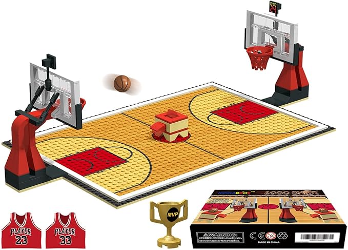 Building Blocks Toy - Basketball Court Baseplates and Sets of 2 Basketball Hoop Basketball Goal Building Bricks for Basketball Game - Compatible with Major Brands (Basketball Playset/Red)