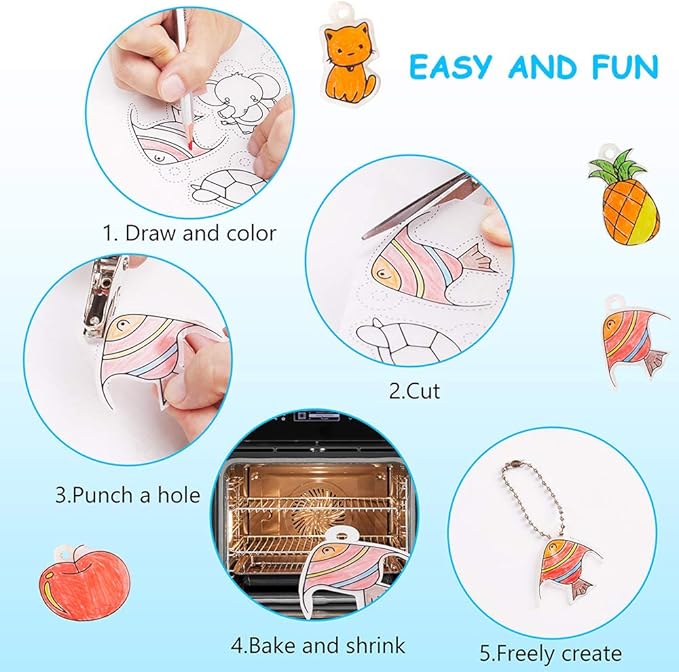 Shrink Art Kit - 166 Pcs with 10 Pcs Shrink Film Paper, 8 Pcs Patterned Shrinky Plastic Paper, Hole Punch, Keychains & Pencils for Crafts and DIY Keychains