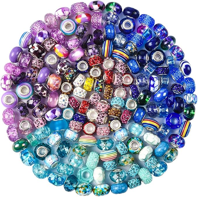 Aipridy Assortment European Large Hole Beads Spacer Beads Rhinestone Craft Beads for DIY Charms Bracelet Jewelry Making (Purple-Lake Blue-Blue)