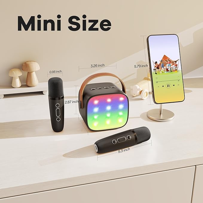 Mini Karaoke Machine with 2 Wireless Microphones for Kids Adults, Portable Bluetooth Speaker, Popular Gift for 3, 4, 5, 6, 7, 8, 9, 10, 11, 12, 13+ Years Old Teens Birthday for Boys Home(Black)