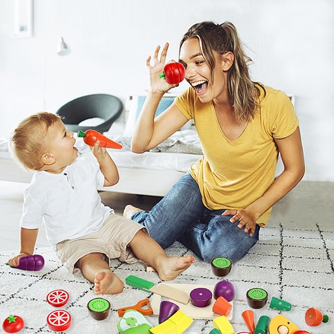 Wooden Play Food Sets for Kids Kitchen - Cutting Fruits and Veggies Toddler Toys Pretend Food Play Kitchen Accessories Montessori Educational Toys Gifts for Kids Boys Girls 3+