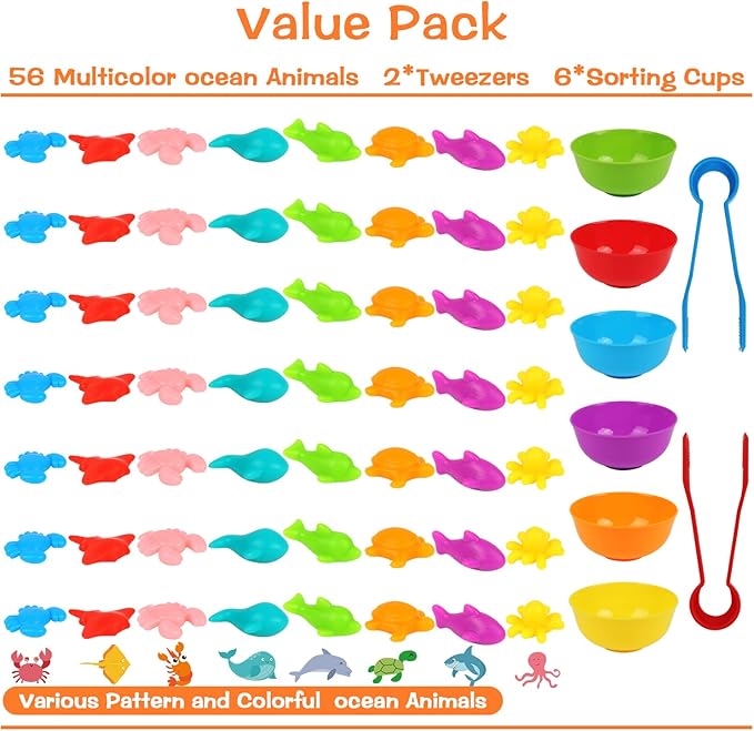 LOKIPA Counting Ocean Animal Toys, Color Sorting Set Ocean Animal Matching Game with Rainbow Sorting Cups Learning Activities Educational Sensory Toys for Toddlers Kids Ages 3 Years and Up