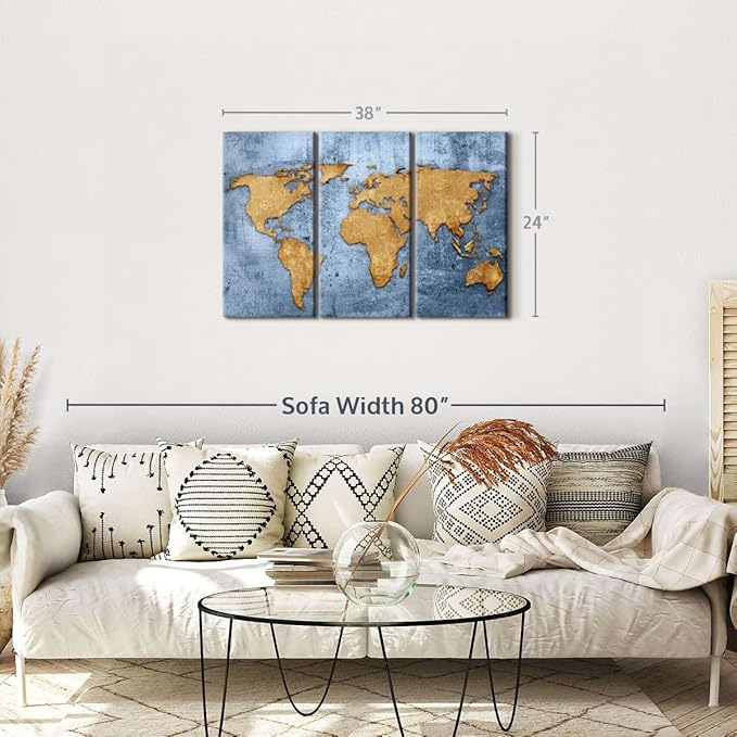 ElephantStock Azure World Map Wall Art Multi Piece Canvas - 3 Panel Wall Decor - Map of the World Art - Canvas for the Office and Home - 38" X 24"
