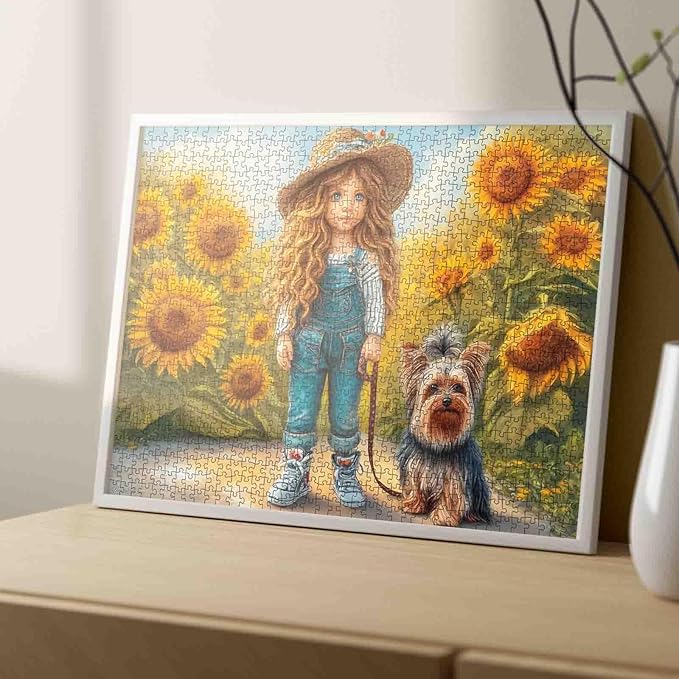 Tucocoo Whimsical Girl 1000 Piece Puzzle for Adults, Colorful Floral Dog Art Puzzle, Yorkshire Terrier in Sunflower Field Jigsaw, Challenging and Relaxing Gift for Puzzle Lovers, Home Decor 27x20Inch