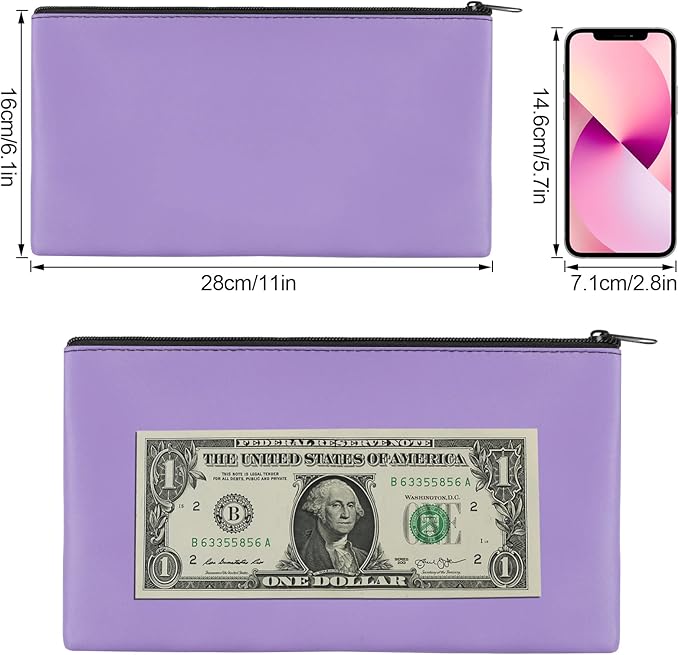 4Pack Money Bag 11 X 6", Safe Durable Waterproof Bags With Zipper for Cash, Coin Pouch PU Leather Bank Bag for Checks, Makeup, Bills, Receipts (Purple)
