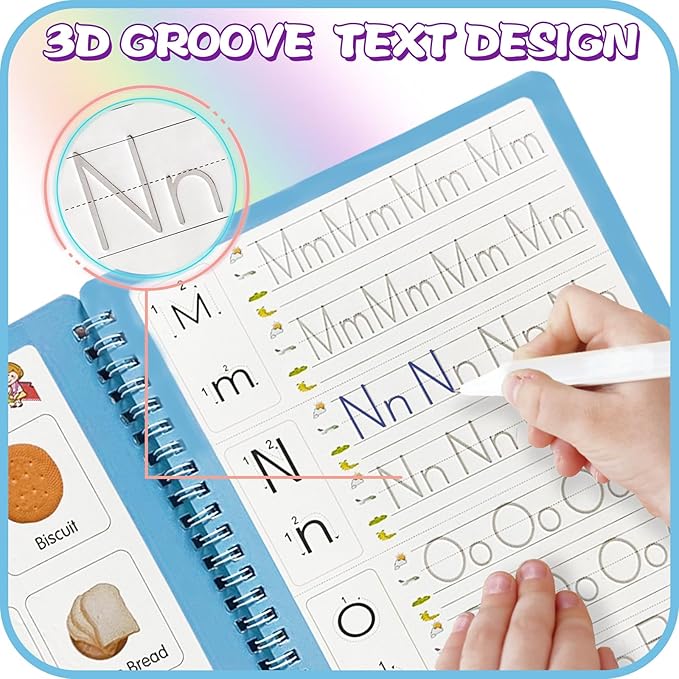 Upgraded Large Size Magic Practice Writing Copybook, Reusable for Kids, Reusable Copybook Preschool for Kids Age 3-8 Calligraphy(4 Books with Pens)-Blue Bag