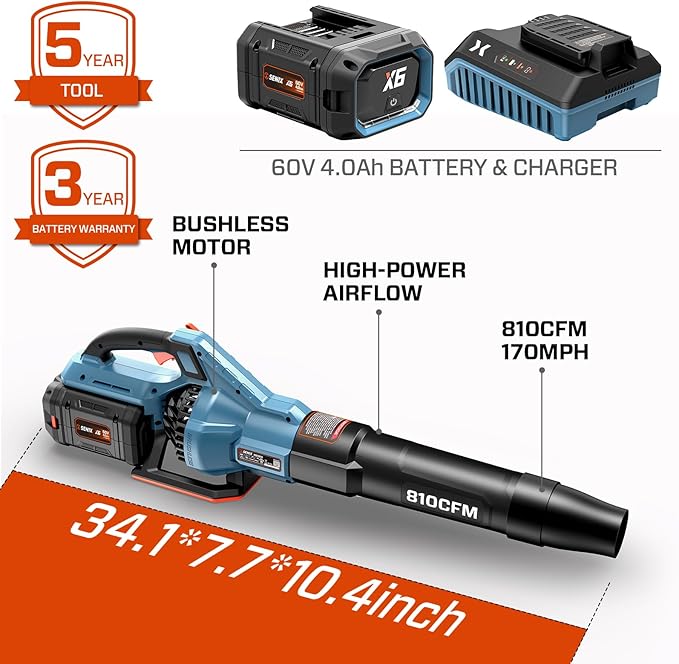SENIX Leaf Blower Cordless, 60V Max 1300W Brushless Electric Leaf Blowers, 810 CFM & 170 MPH, Stepless Speed, Cruise Control, 60V 4.0Ah Battery & Charger Included,Blowers for Lawn Care, Yard, Garden