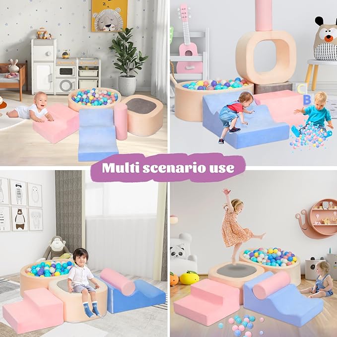 MIND&ACTION 6-Piece Toddler Clinbing Toys Indoor with Ball Pit, Climbing Toys for 1+ Year Old, Soft Play Set Baby Foam Blocks for Toddler 1-3 (Ball Not Included)