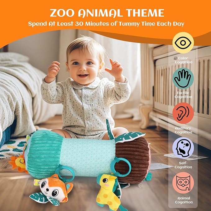 Inflatable Baby Tummy Time Toys Pillow for Newborn, Montessori Baby Sensory Toys Roller with Detachable Mirror, Squeaker, Teether & Rattle, Help with Early Development 3-6 Months (Fox)