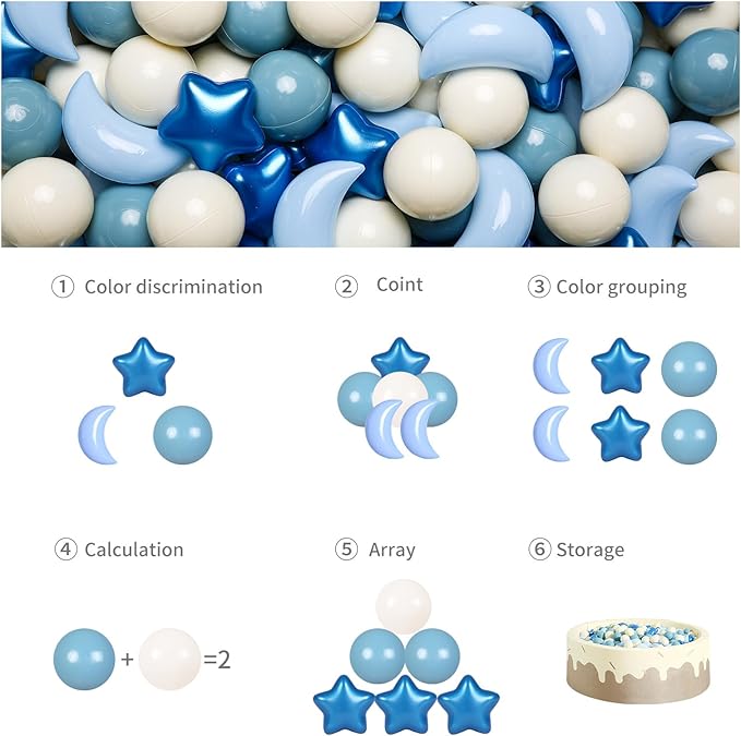 GOGOSO Ball Pit Balls Stars Moon Shapes Plastic Pitballs for Toddler Play Tent Baby Photo Props Kids Pool Water Toys Kiddie Pool Party Decor, Pearl Blue+Cream Blue+White,200PCS