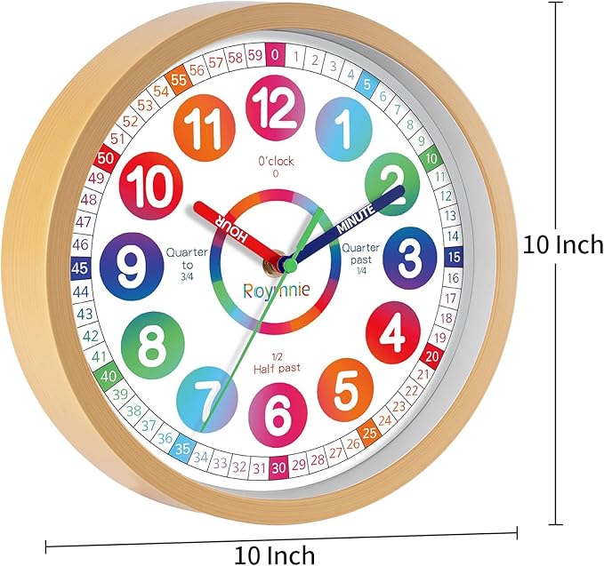 Wall Clock for Kids Learning - Teaching Time Wall Clocks Battery Operated Silent Non Ticking - Analog Colorful Clock Decorative for Kids Room Classroom School(10 Inch)