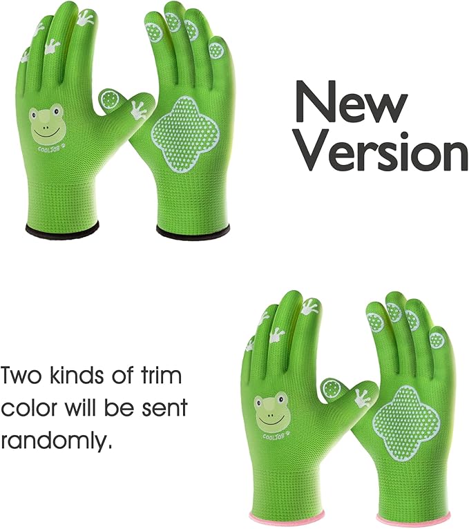 COOLJOB Small Toddler Gardening Gloves for Little Boys Girls Ages 2-4, Breathable Kids Work Gloves with Grippy Animal Paw Dots for Children Yard Landscape, Green Frog, 1 Pair