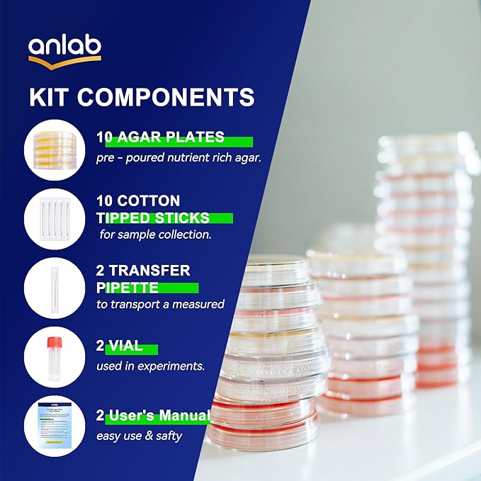 anlab™ Nutrient Agar Petri Dishes Science Project Kit | Pre-Poured Agar Plates and Cotton Swabs for Science Experiments | Bacteria Science Kit - Sealed Separately (Items of 10)