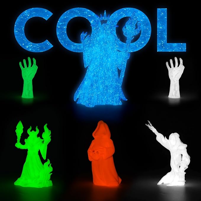AMOLEN Glow in The Dark 3D Printer PLA Filament Halloween Bundle, Glow Filament Shiny Firefly Blue, Orange, Green and White, 1.75mm PLA Filament, Dimensional Accuracy +/- 0.02 mm, 200g X 4 Pack