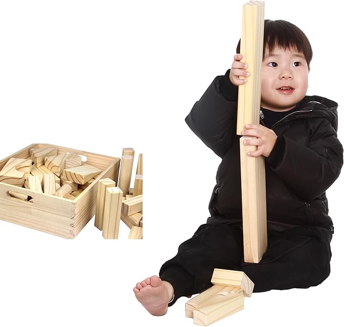 Standard Unit Building Blocks for Toddlers with Storage Tray (64 Pcs) Sanded Wood Blocks for Children, Original STEAM, and STEM Learning, Classic Wooden Toys for Kids Parties and Classrooms