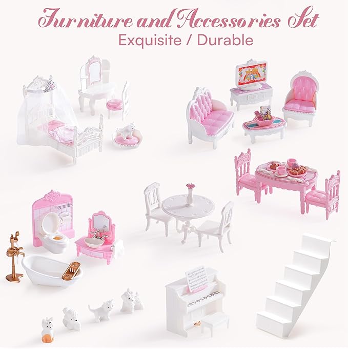 ROBUD Wooden Dollhouse, Doll House Playset with 24-pcs Exquisite Accessories, Working Elevator, Gift for Ages 3+