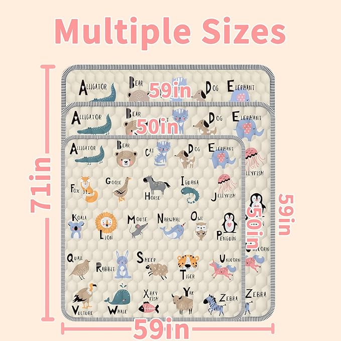 Baby Play Mat for Floor 59x59, Soft Portable, Non-Slip Crawling Mat Machine Washable Foldable Playmate for Babies,Toddlers, Infants Indoor/Outdoor Use, Alphabet & Animal Design