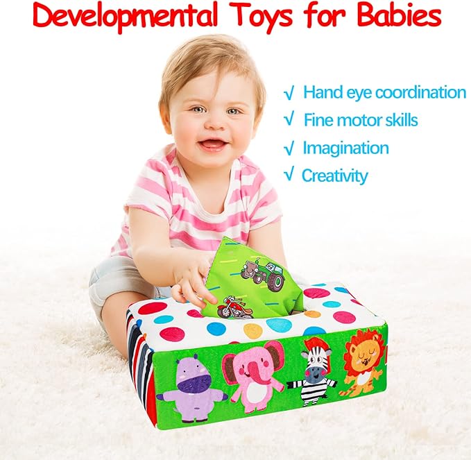 Thremhoo Baby Toys 3 4 5 6 7 8 9 12 Month Old Montessori Tissue Box Toys for Babies Infants 0-6 6-12 Months Sensory Educational Crinkle Toy Developmental Gift for 1 2 Year Old Boys Girls Toddlers
