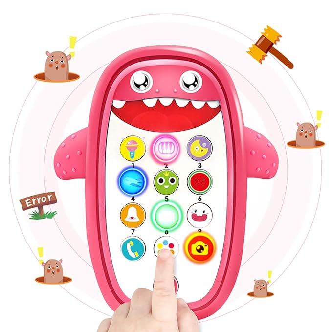 Baby Shark Cell Phone Toy Removable Teether Case, Light, Music & Adjustable Volume Kids Play & Learn Fake Phone Infant Toddler, Preschool Holiday Birthday Presnet for Girl Boy 12 Months (Red)