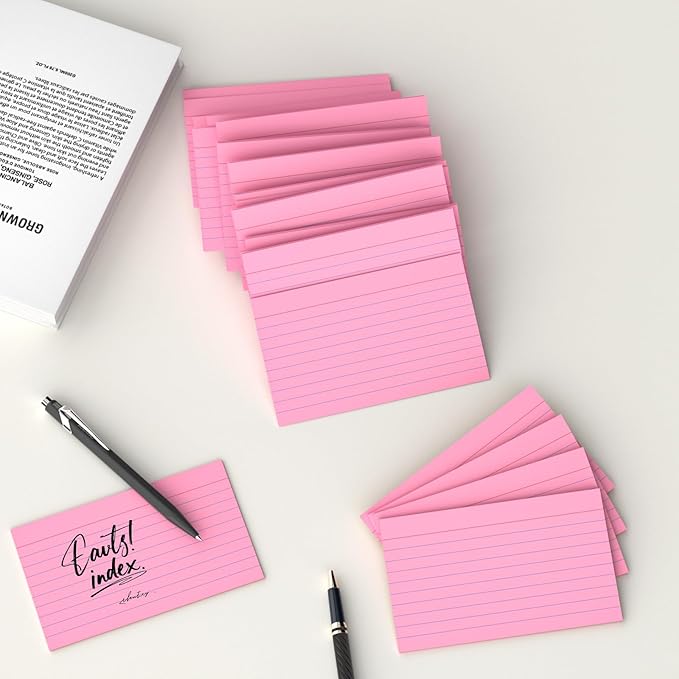 250 Count Index Cards 3x5 Inch 180gsm, Heavy Weight Pink Color Flash Card (50 Sheets Each), Note Taking for Students, Teachers, Professionals, Study Note Cards for Office Home School