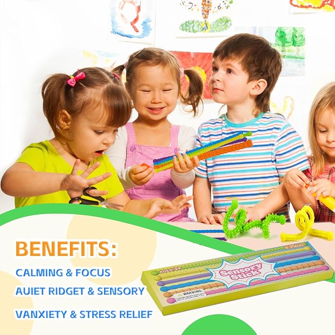 Fidget Toys Sensory Stick, Textured Stretchy Sensory Fidget Toys, Durable and Bendable Stress Relief Sensory Toys (6pack)