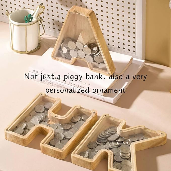 Wooden Alphabet Piggy Bank Clear Acrylic Panel Coin Savings Box Personalized Money Bank for Kids Boys Girls Adults, Birthday Home Décor(R)
