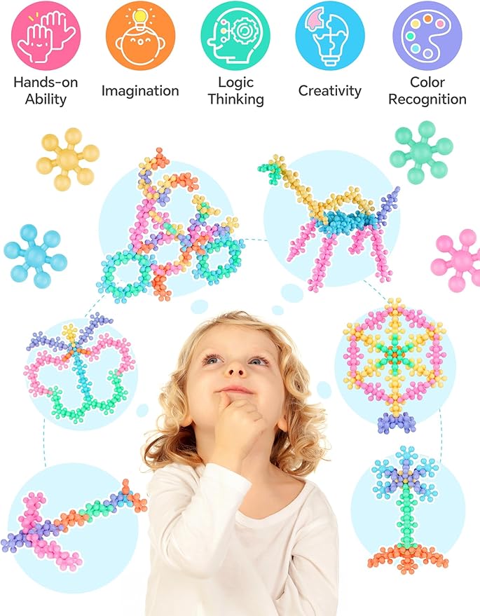 200PCS Interlocking Snowflake Building Block Toy for Kids Ages 3+, Plastic Early Learning Creativity Educational STEM Toy with Carrying Case Safe Material (Macaron Colors)