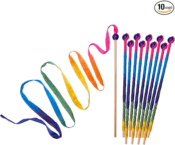 Sarah's Silks Rainbow Streamer - 8' Long Ribbon Wand for Kids, Pretend Play, Dance, Baton Stick Twirling, and Gymnastics Party Favors | 100% Silk and Wood Montessori and Waldorf Toys