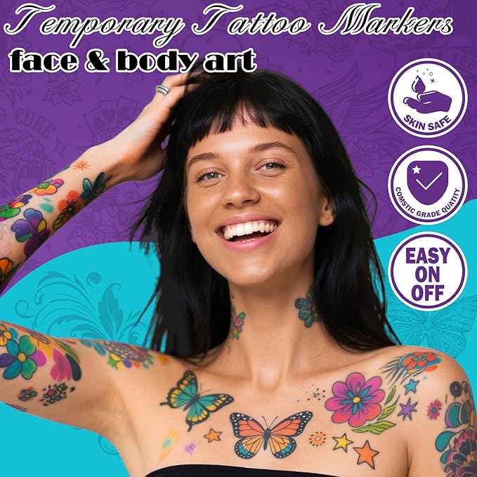 Ponhey Temporary Tattoo Markers for Skin, 36 Body Markers+67 Large Tattoo Stencils,Dual-End Tattoo Pens,Fine Lines with Cosmetic-Grade,Flexible, Skin-Safe Face Paint Kit for Kids Teenage Adults