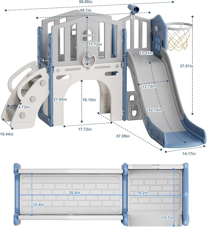 KORIMEFA 7-in-1 Toddler Slide & Climber Playset with Basketball Hoop, Ring Toss, Telescope Indoor/Outdoor Activity Center for Kids 1-3 Years Blue